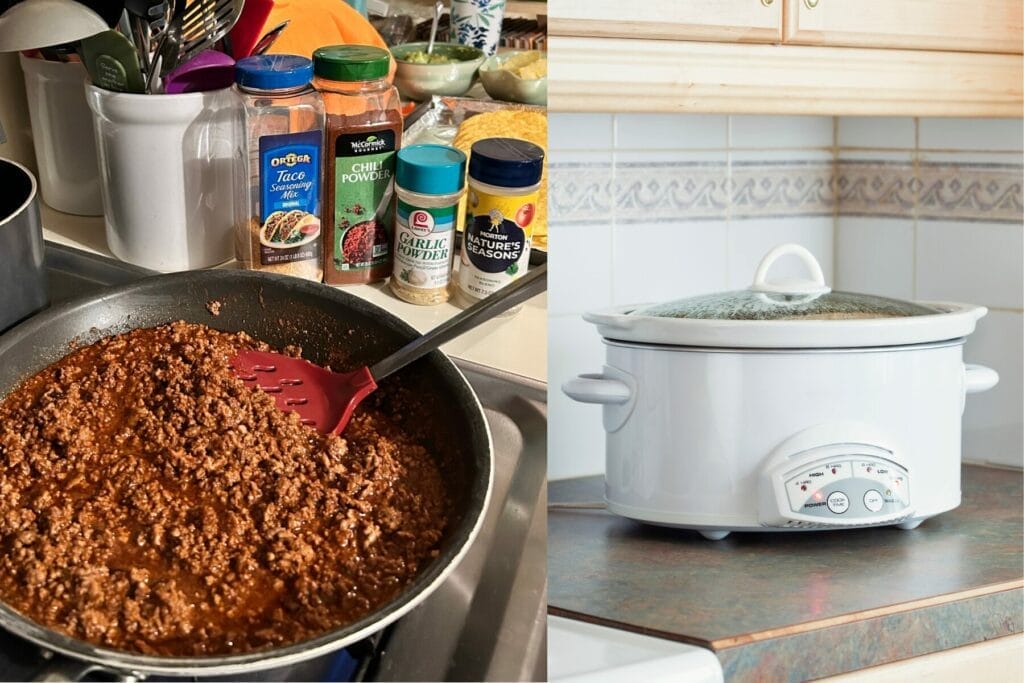 Skillet with ground beef cooking and a slow cooker